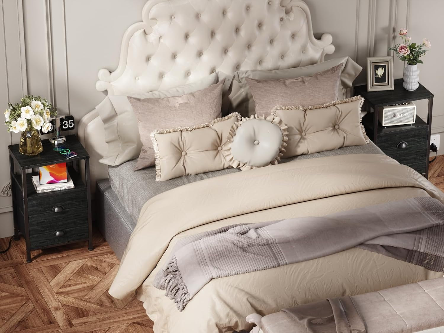 Bedroom scene with two matching nightstands flanking a bed, each styled with decor and bedside items.