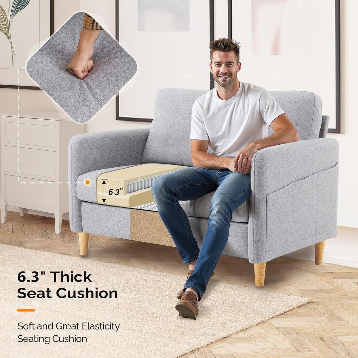 Cutaway view of loveseat seat cushion layers with a person seated, highlighting the layered construction and cushion depth