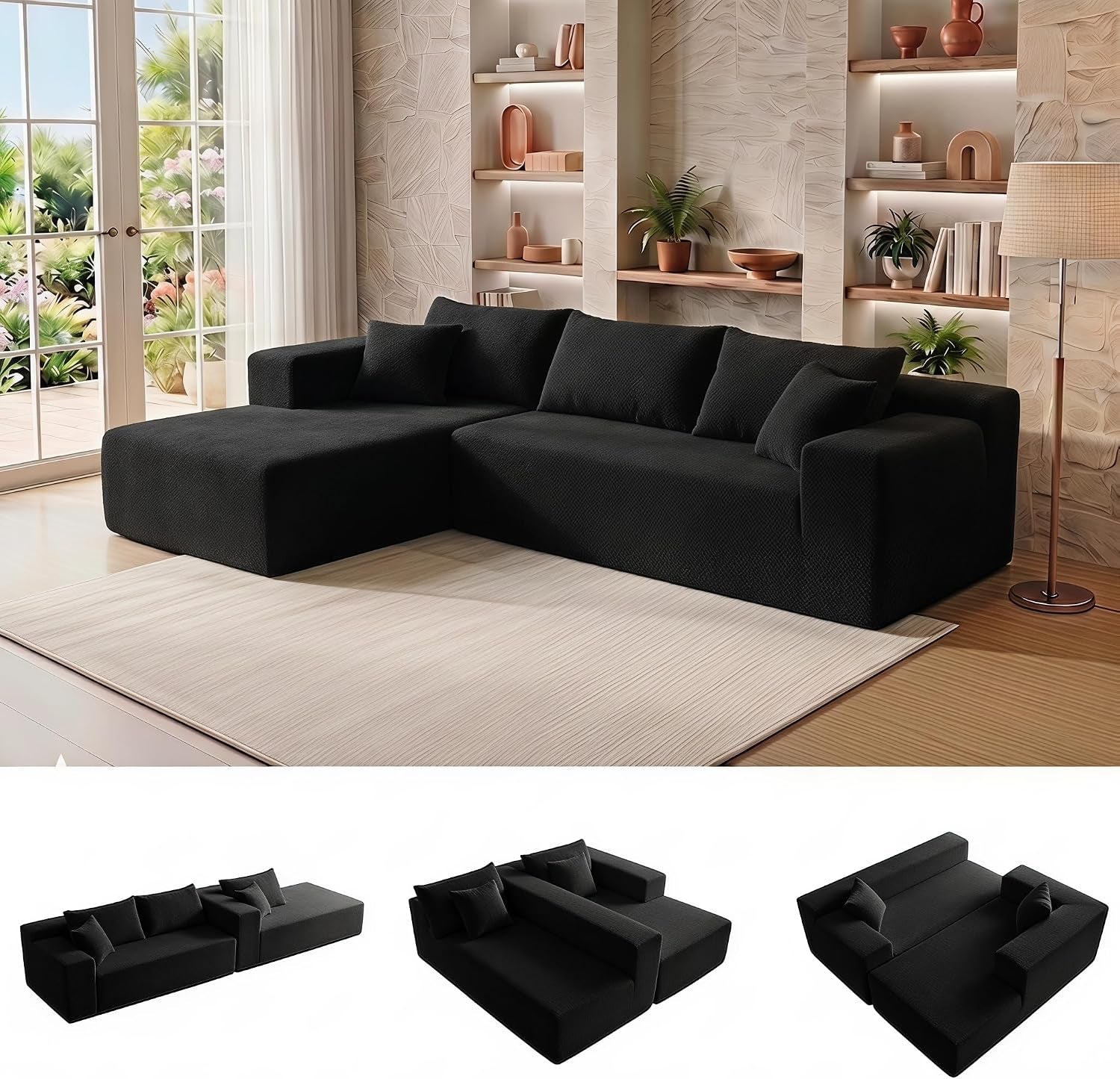 Black modular L-shaped sectional with oversized left chaise shown in a bright living room setting