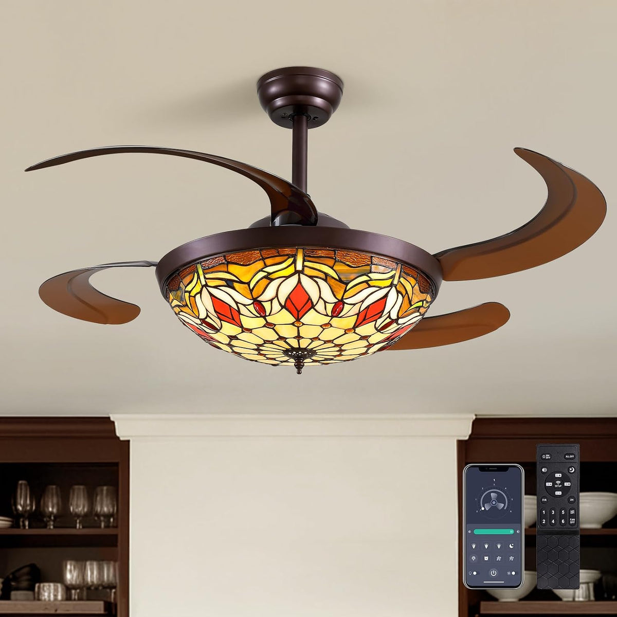 Underside perspective of the illuminated stained-glass shade and extended blades with a remote and phone overlay.