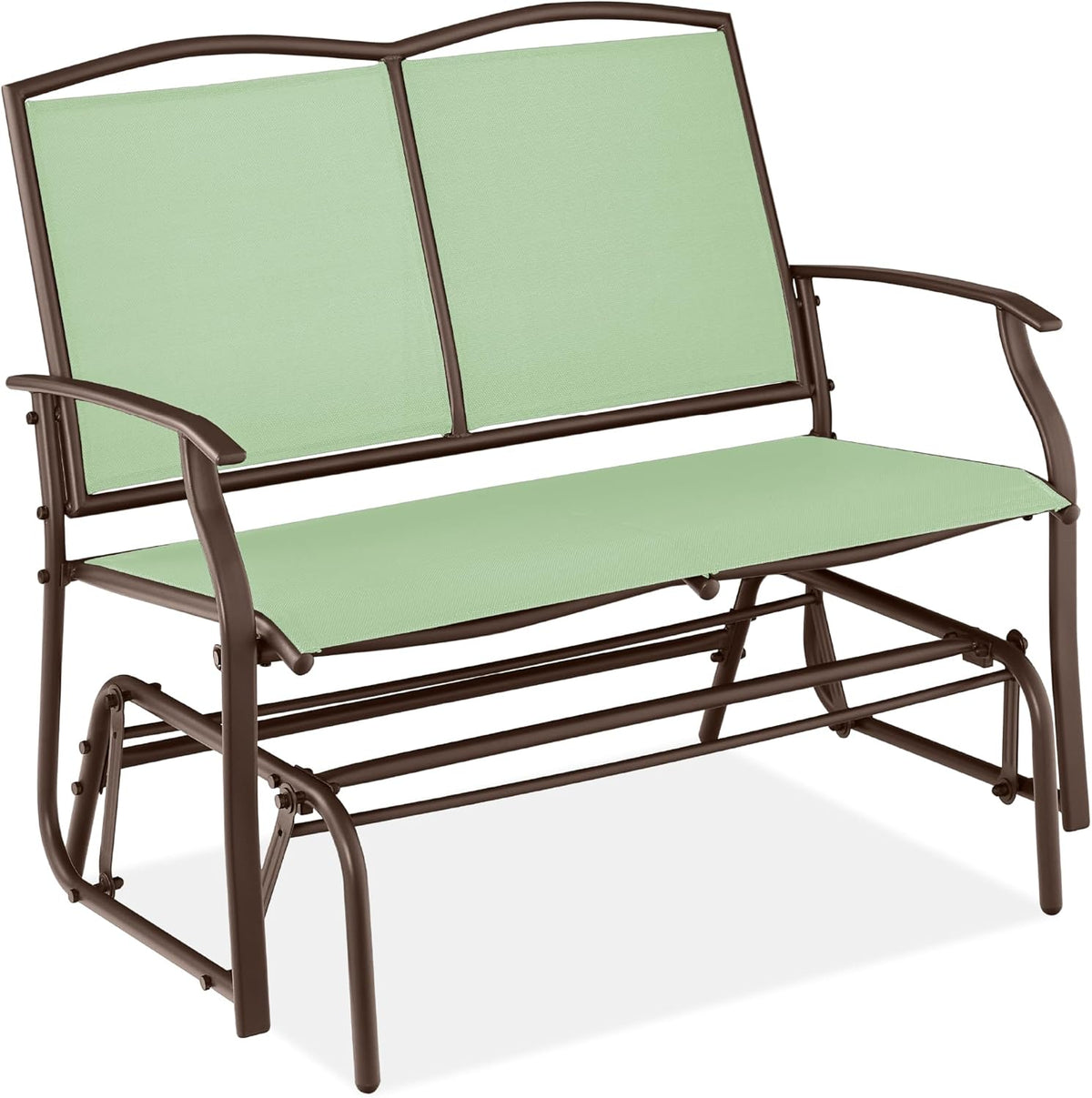 Angled front view of the two-seat glider with pale green fabric panels and a dark brown metal frame.
