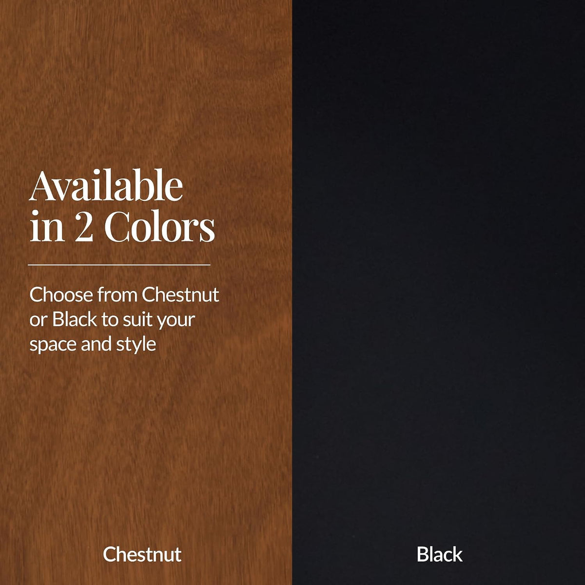 Vertical split swatch showing chestnut wood texture on the left and solid black on the right