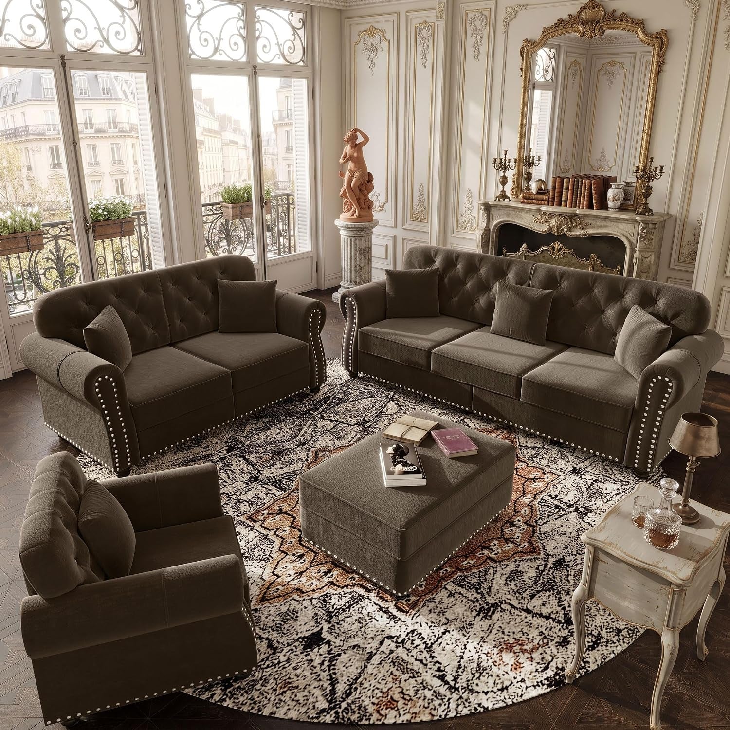 Three-piece brown velvet Chesterfield set in an ornate Parisian-style living room with tall windows