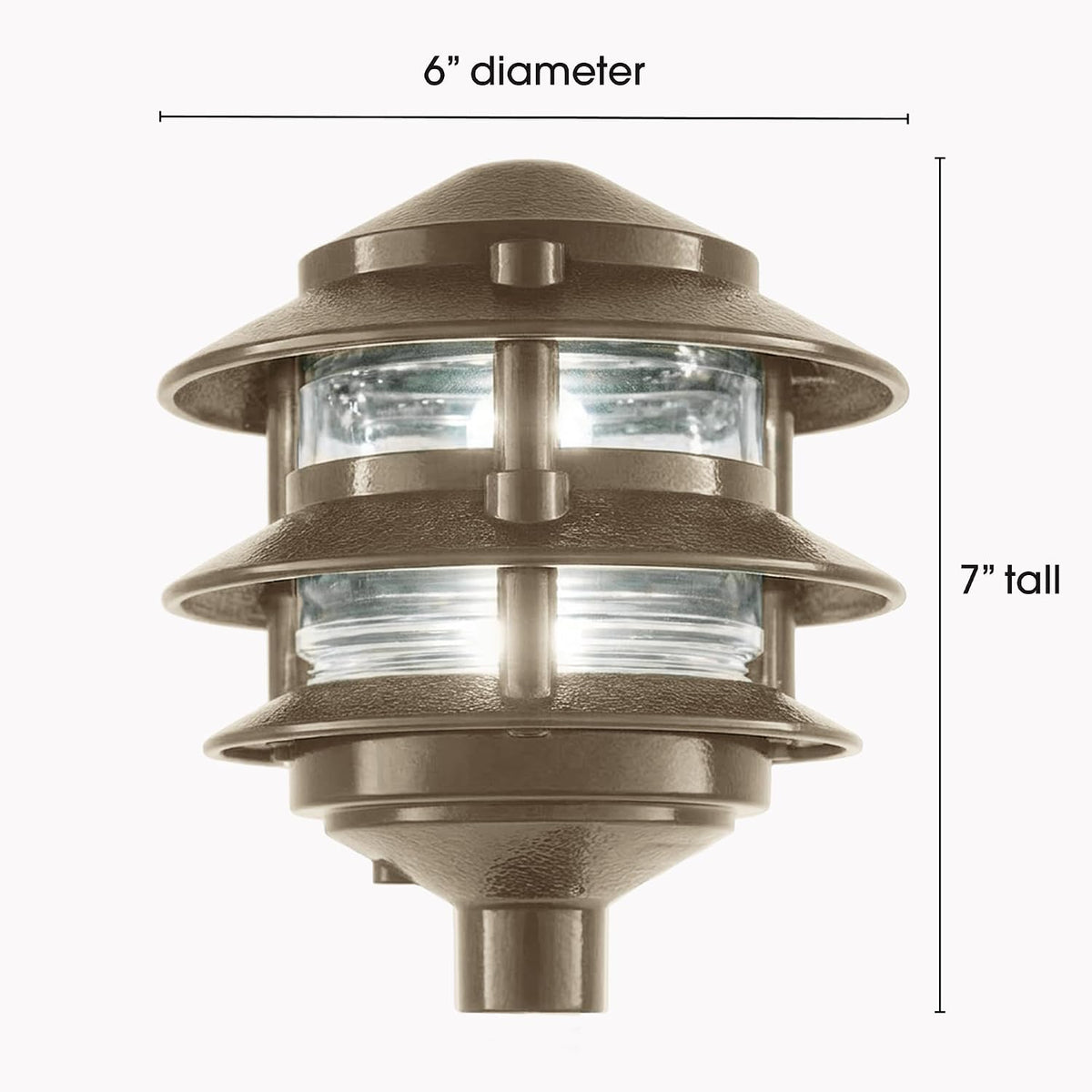 Close-up front of bronze outdoor pathway light with dimension lines