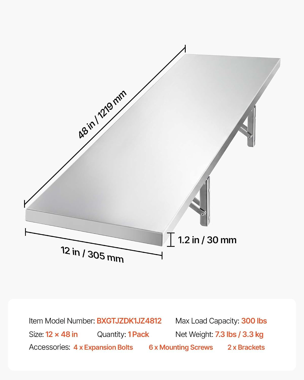 Angled diagram of the shelf showing its rectangular top and two foldable wall brackets.