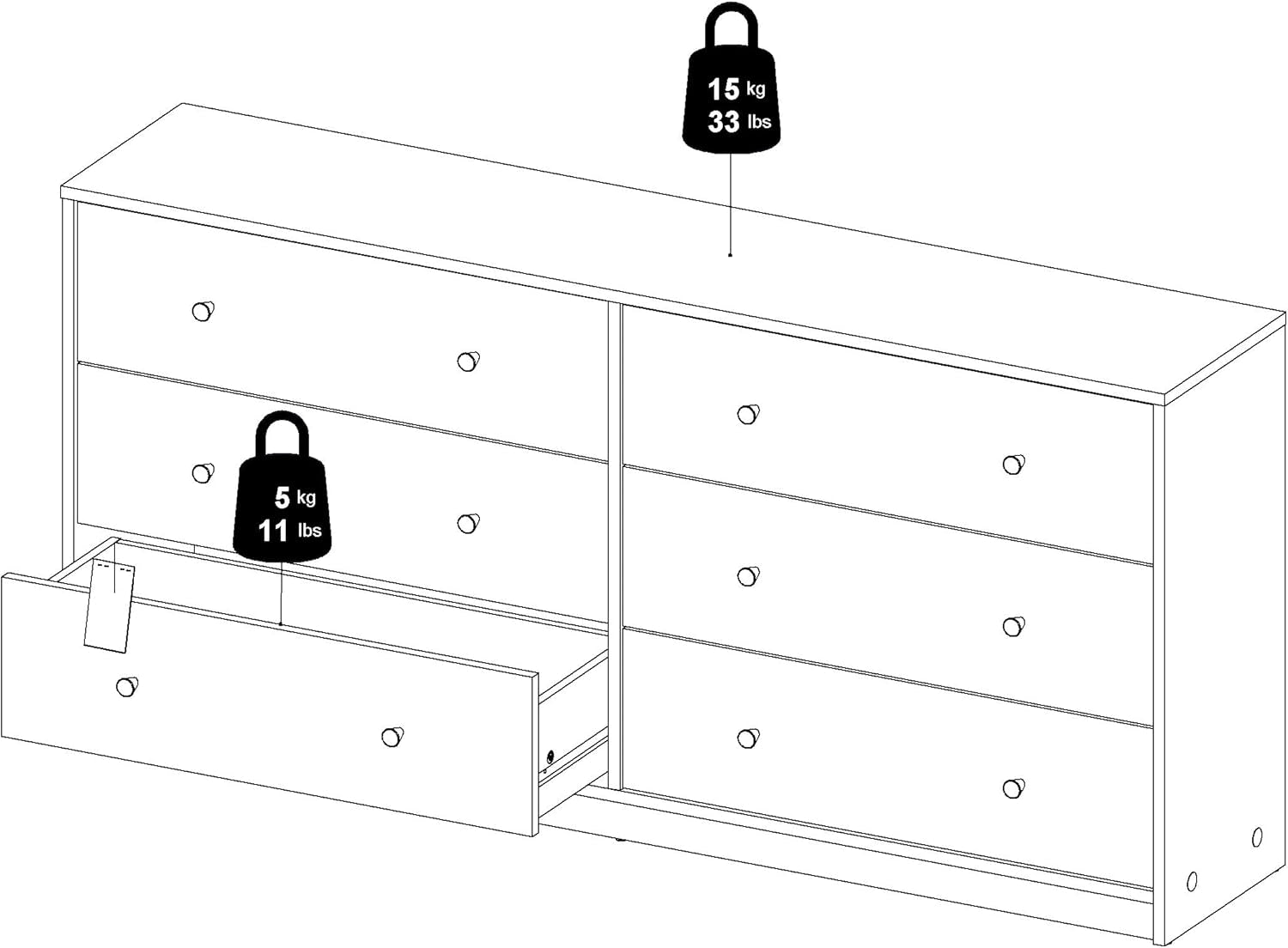 Line-drawing of the dresser with an open drawer and weight-limit icons indicating top and drawer load points