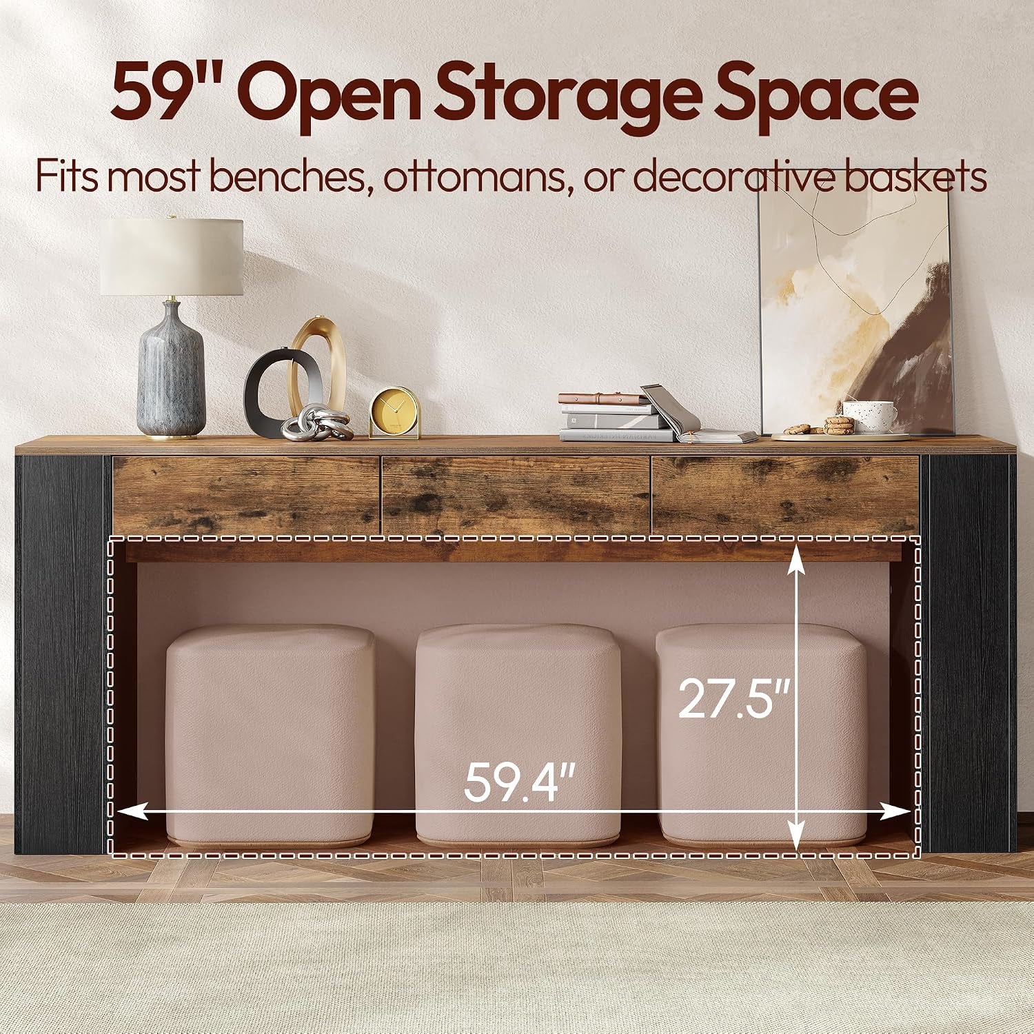 Graphic illustrating 59-inch open storage space under the console table sized for benches, ottomans, or baskets