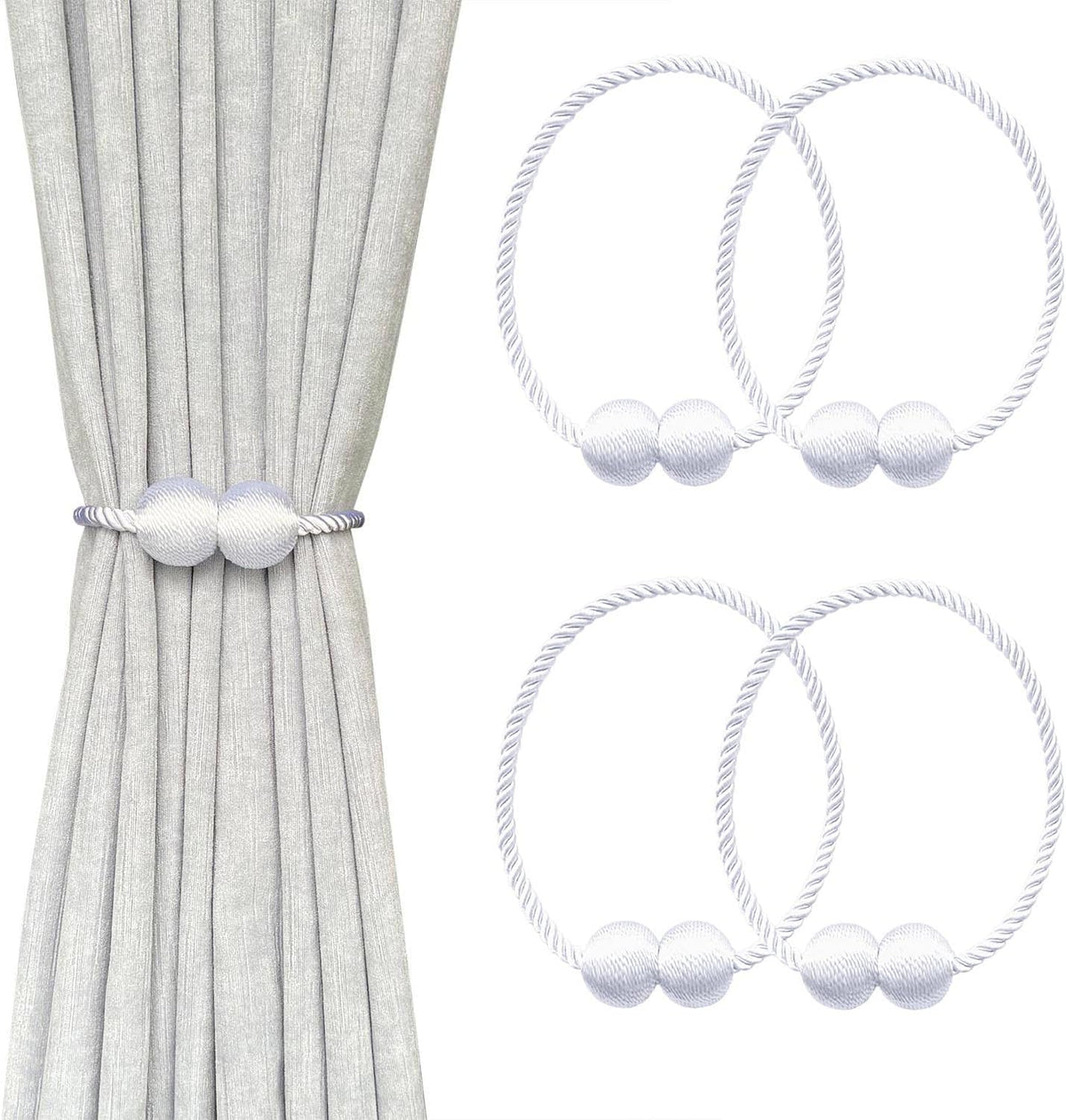 Gray curtain tied with a white twisted rope tieback featuring two white balls; additional white tieback loops visible to the