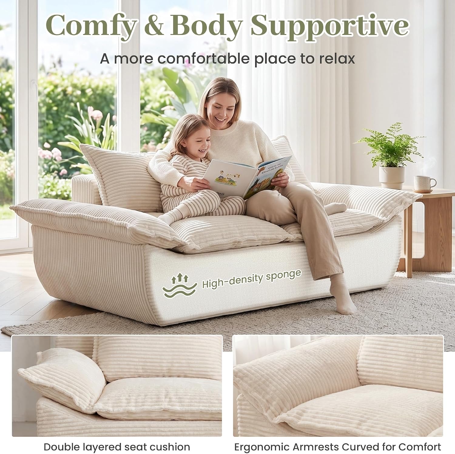Light cream corduroy two-seater sofa with oversized cushions and a woman reading to a child