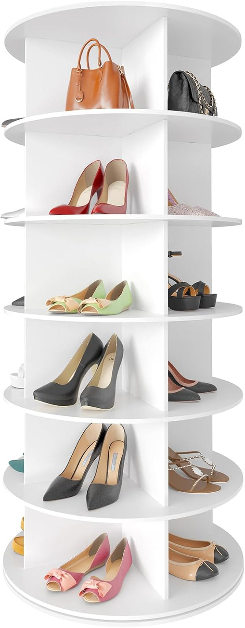 Angled view of white 7-tier rotating shelf displaying shoes on staggered circular tiers
