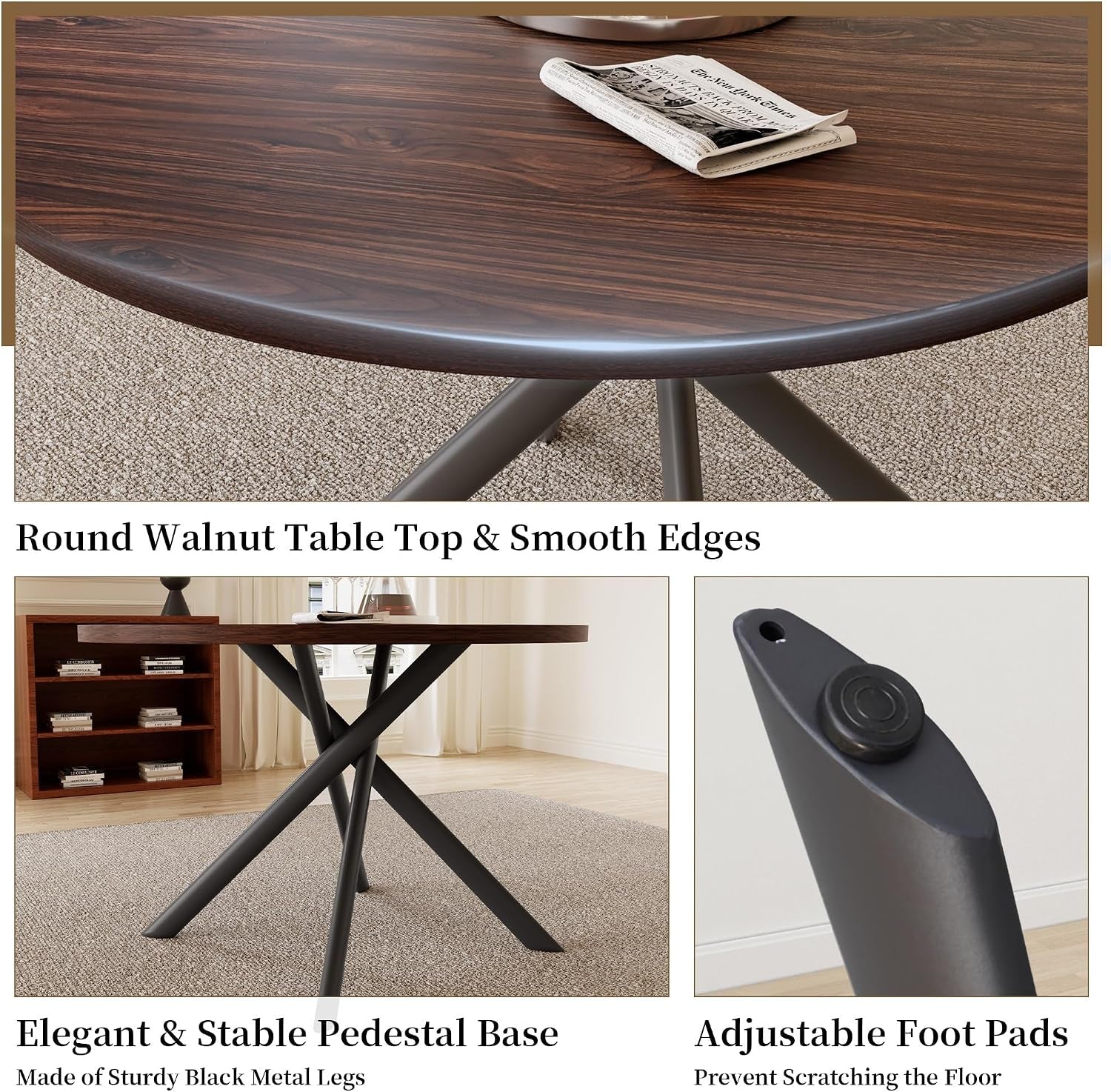Close-up of walnut MDF tabletop edge with X-shaped black metal pedestal base and an adjustable foot pad