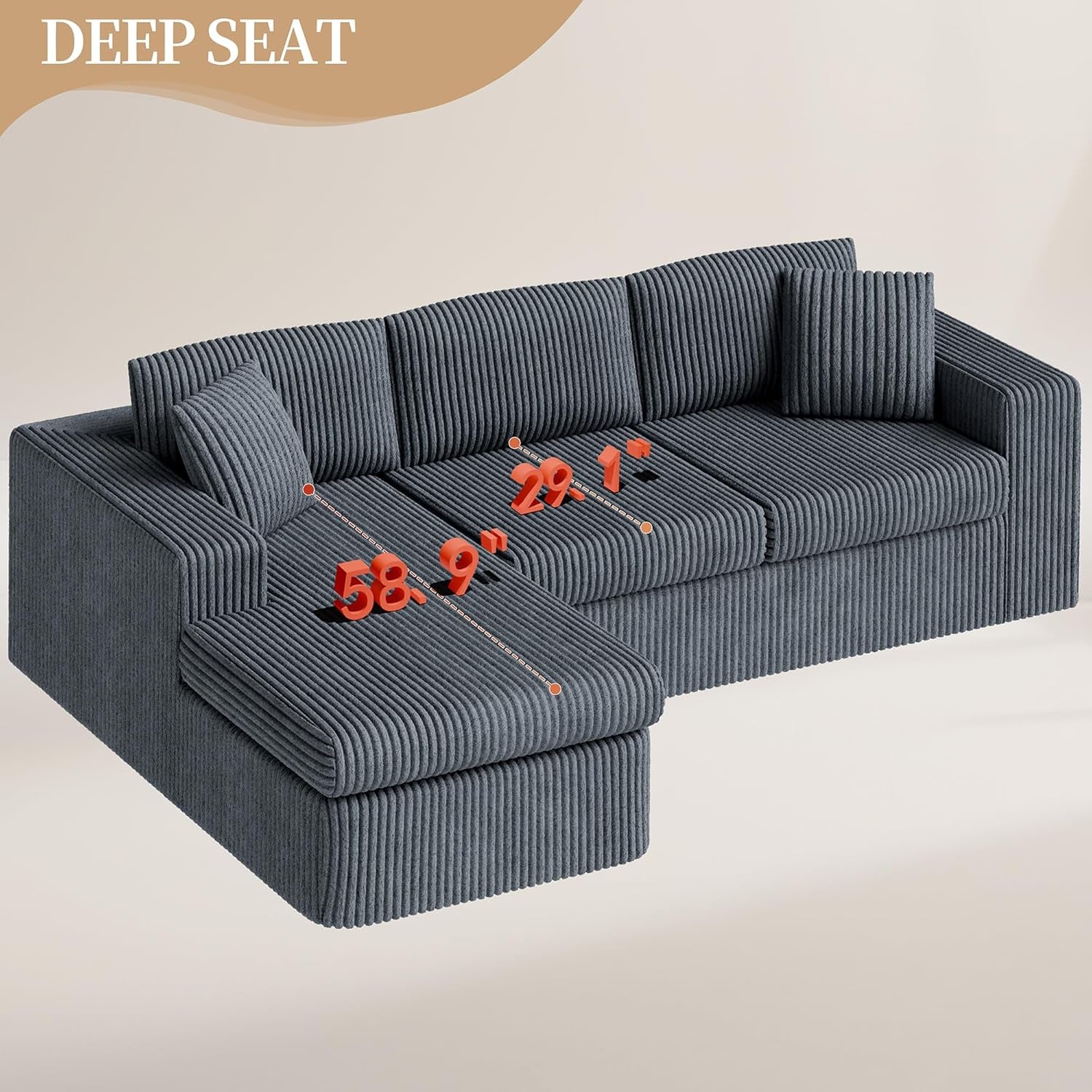 105" Boneless Couches for Living Room,Sectional Couches Modular Sofa with L-Shaped Chaise, Memory Foam Comfy Cloud Couch with Plush Corduroy Fabric, No Assembly Required, (Dark Grey)