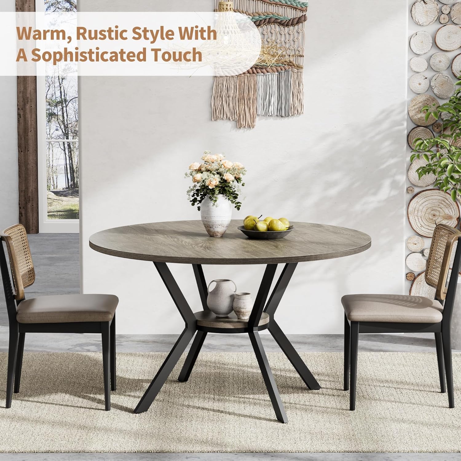 Round dining table with gray wood top, black metal angled legs and small round shelf, flanked by two chairs.
