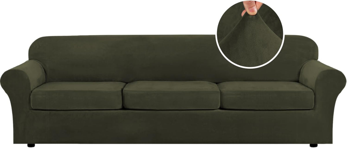 Front view of an olive-green three-seat sofa slipcovered in plush velvet with a round inset showing a hand stretching the