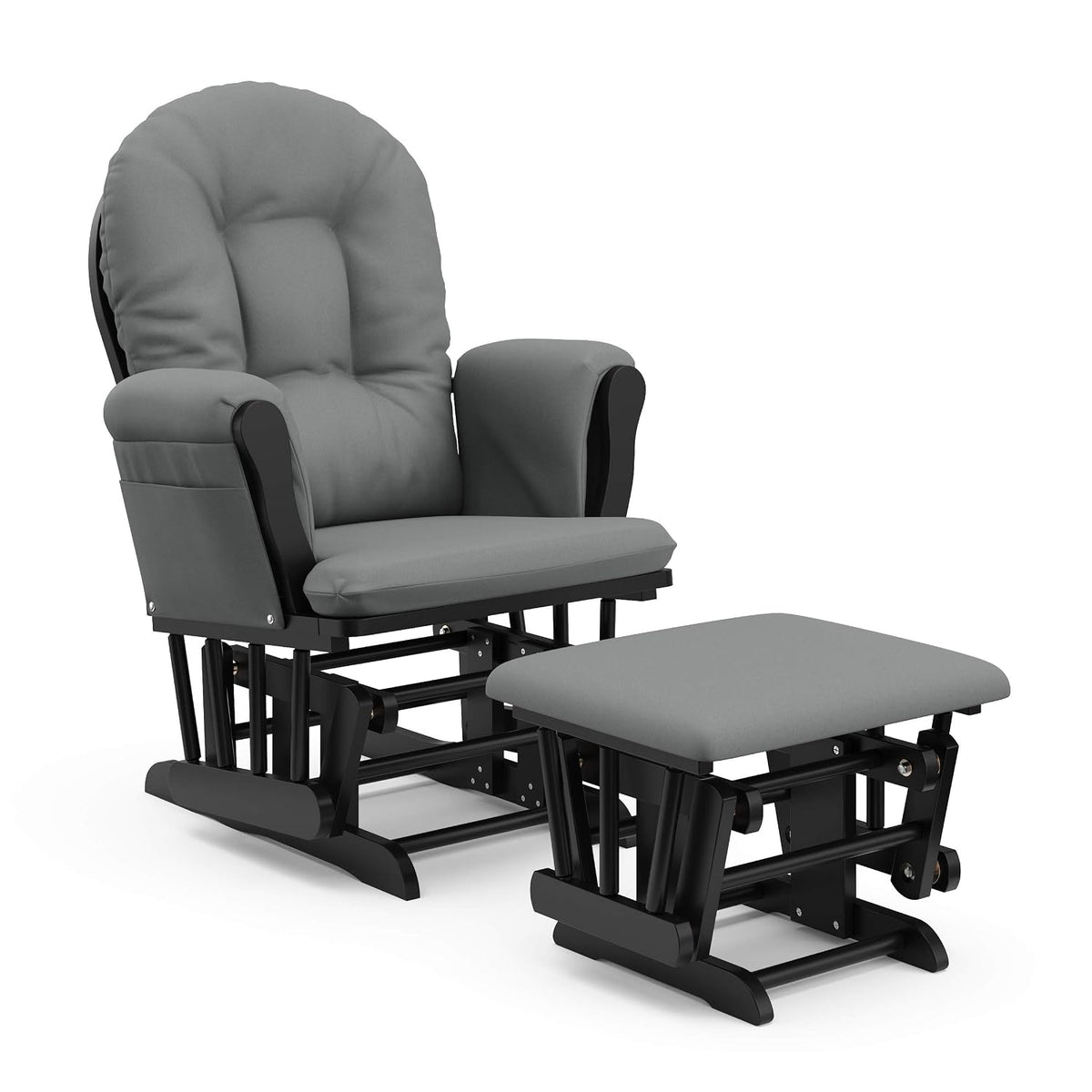 Medium gray upholstered glider chair and ottoman with dark espresso wooden frame