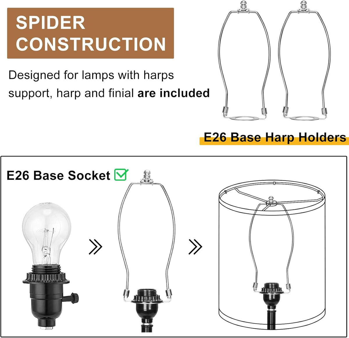 Diagram of spider-style washer fitter and E26 base harp holders with two metal harps shown