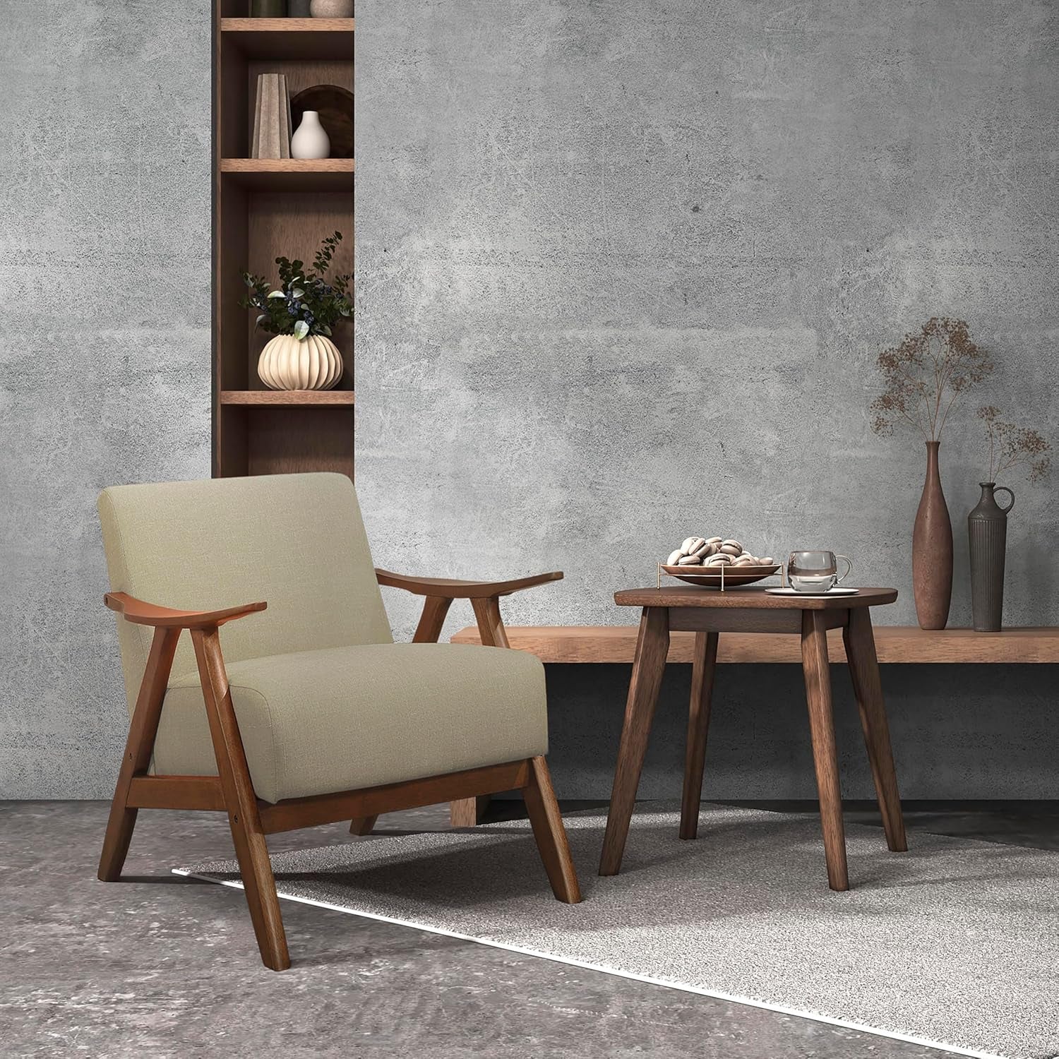 Beige linen-look accent chair with walnut frame shown in a styled living room setting