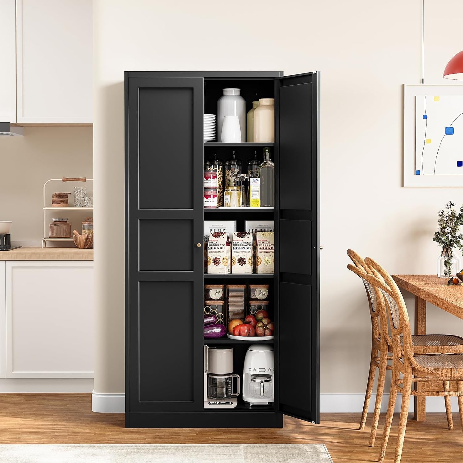 Front view of a black pantry cabinet with right door open revealing four shelves stocked with jars, boxes and a coffee maker