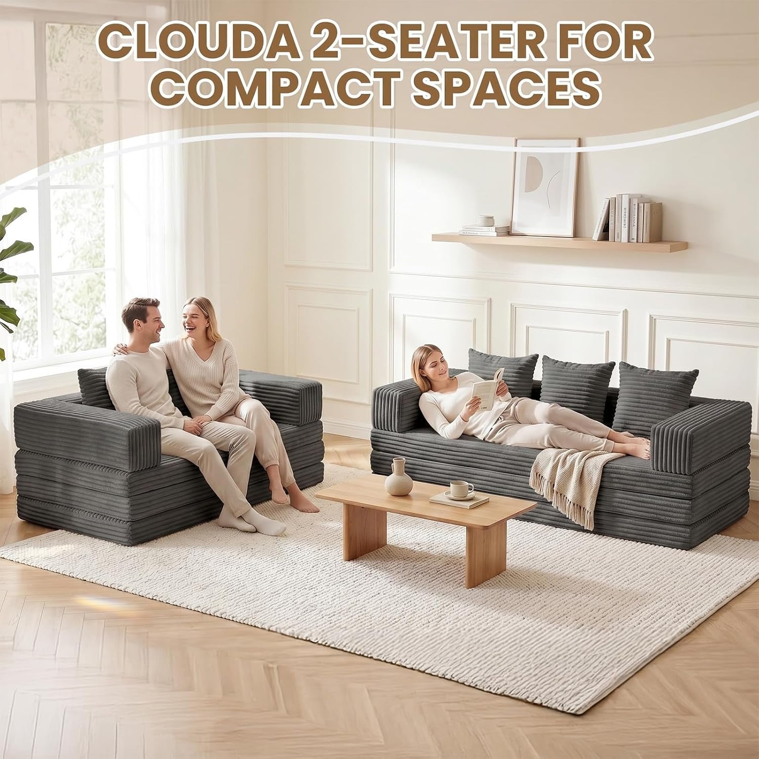 Two-seat and three-seat configurations shown side-by-side in a living room setting demonstrating compact layouts