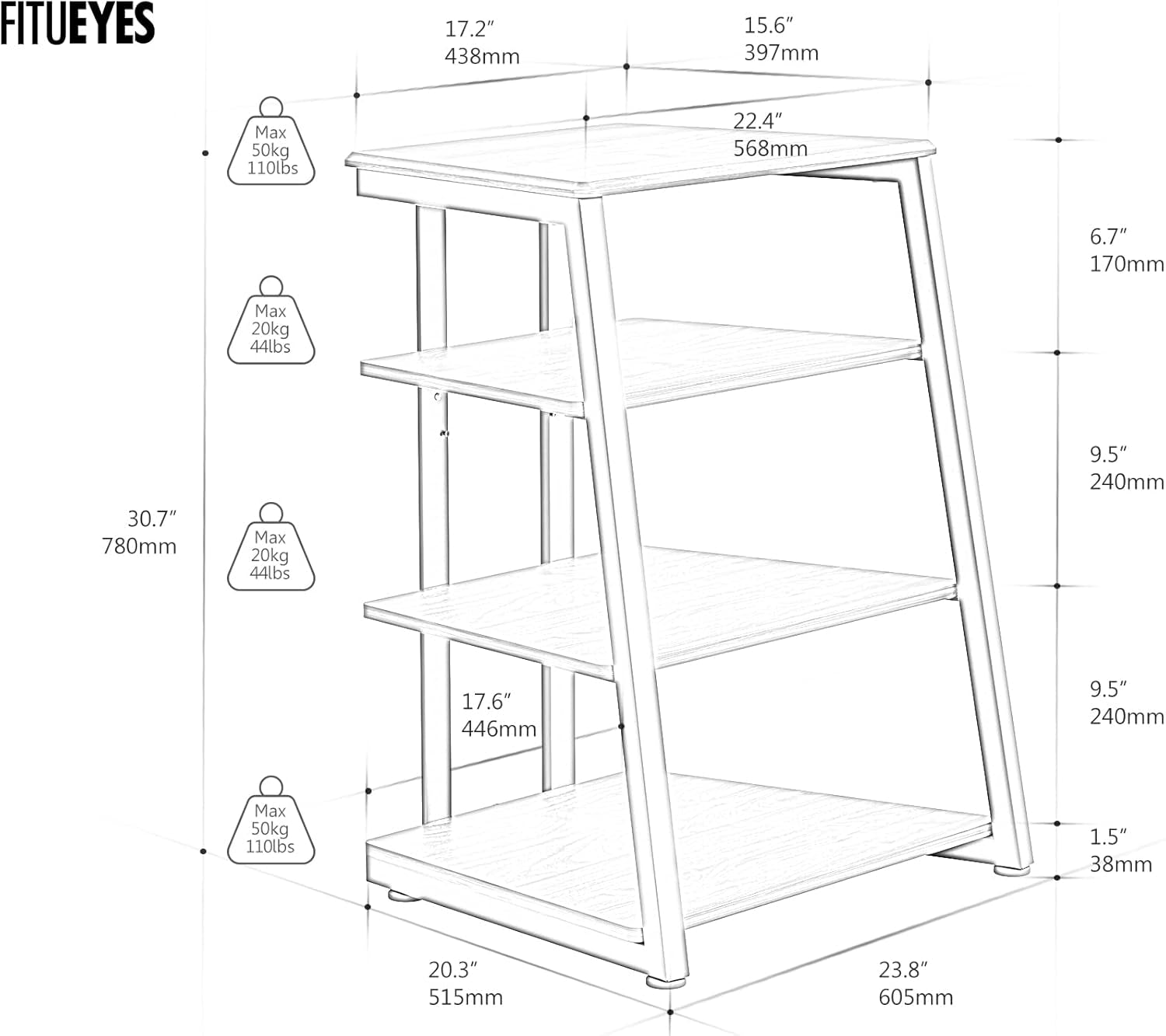 Line-drawing diagram showing 4-tier stand dimensions and labeled weight capacity callouts