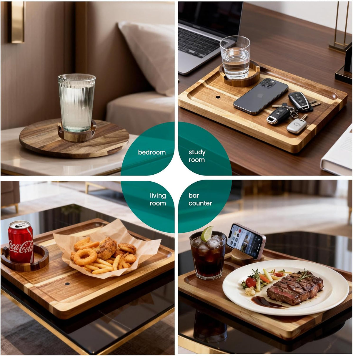 Four lifestyle scenes: round base as bedside coaster, tray on desk with phone and keys, tray with fries and can on coffee