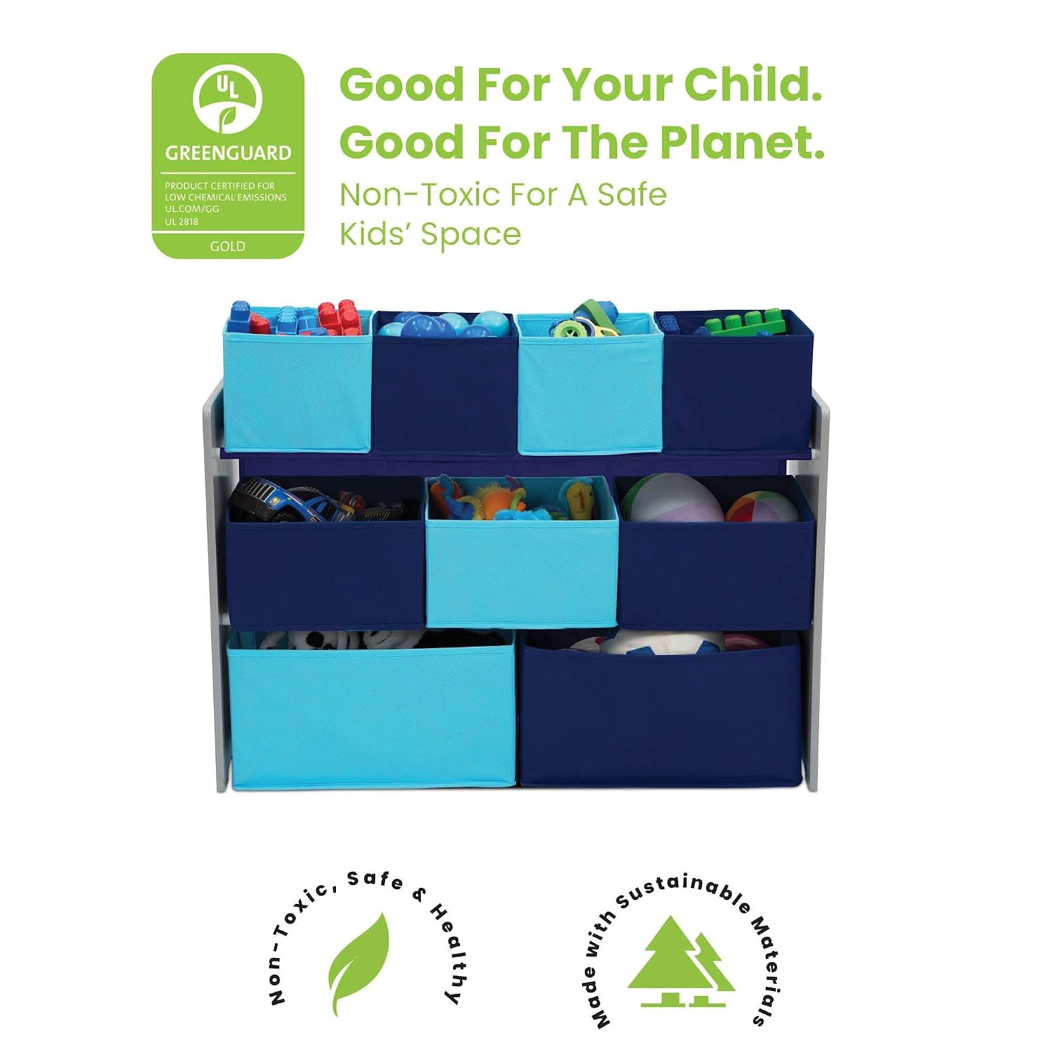 Front view of the organizer filled with toys beneath a green certification badge and eco icons on a white background.