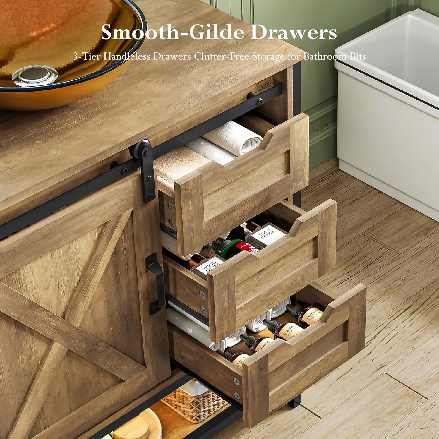 Three handleless drawers pulled out showing organized storage inside the rustic vanity, drawer close-up