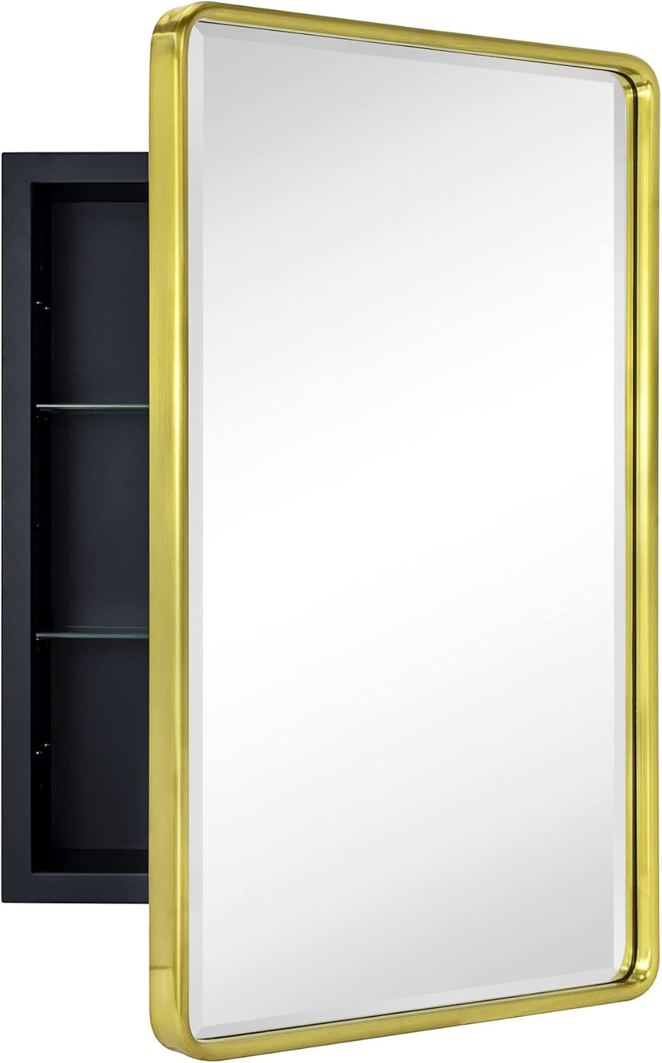 Polished gold-framed mirror door partially open, revealing the dark recessed cabinet and two glass shelves inside.