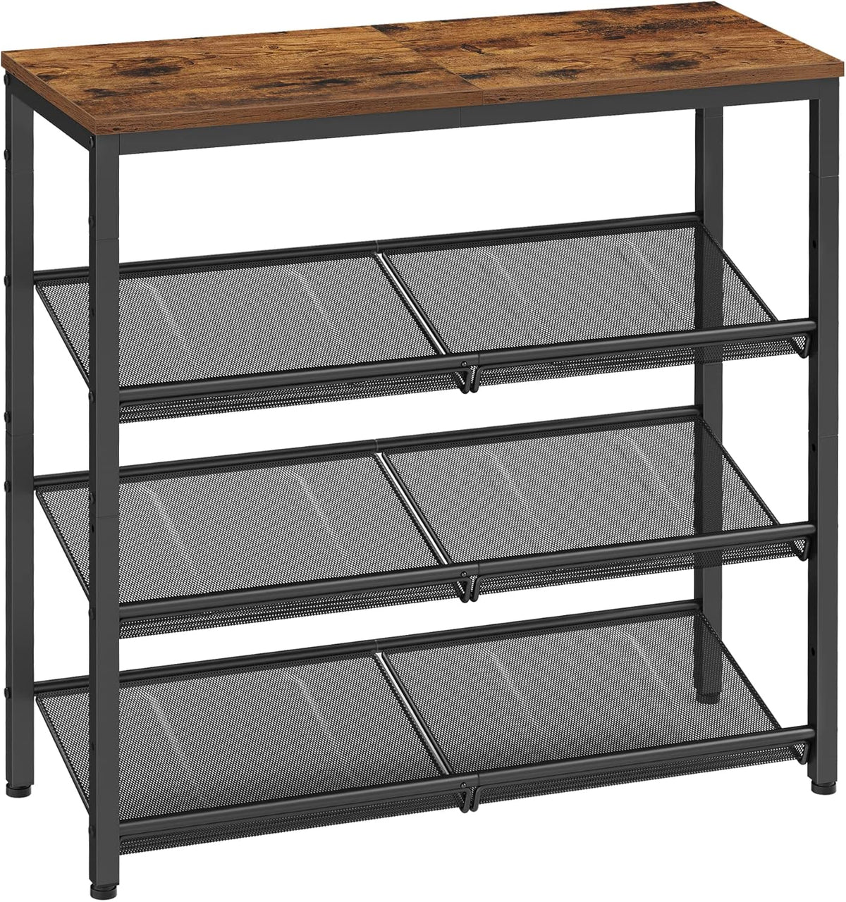 Close angled detail of the rack showing the rustic wood top and three visible mesh shelves with metal supports.