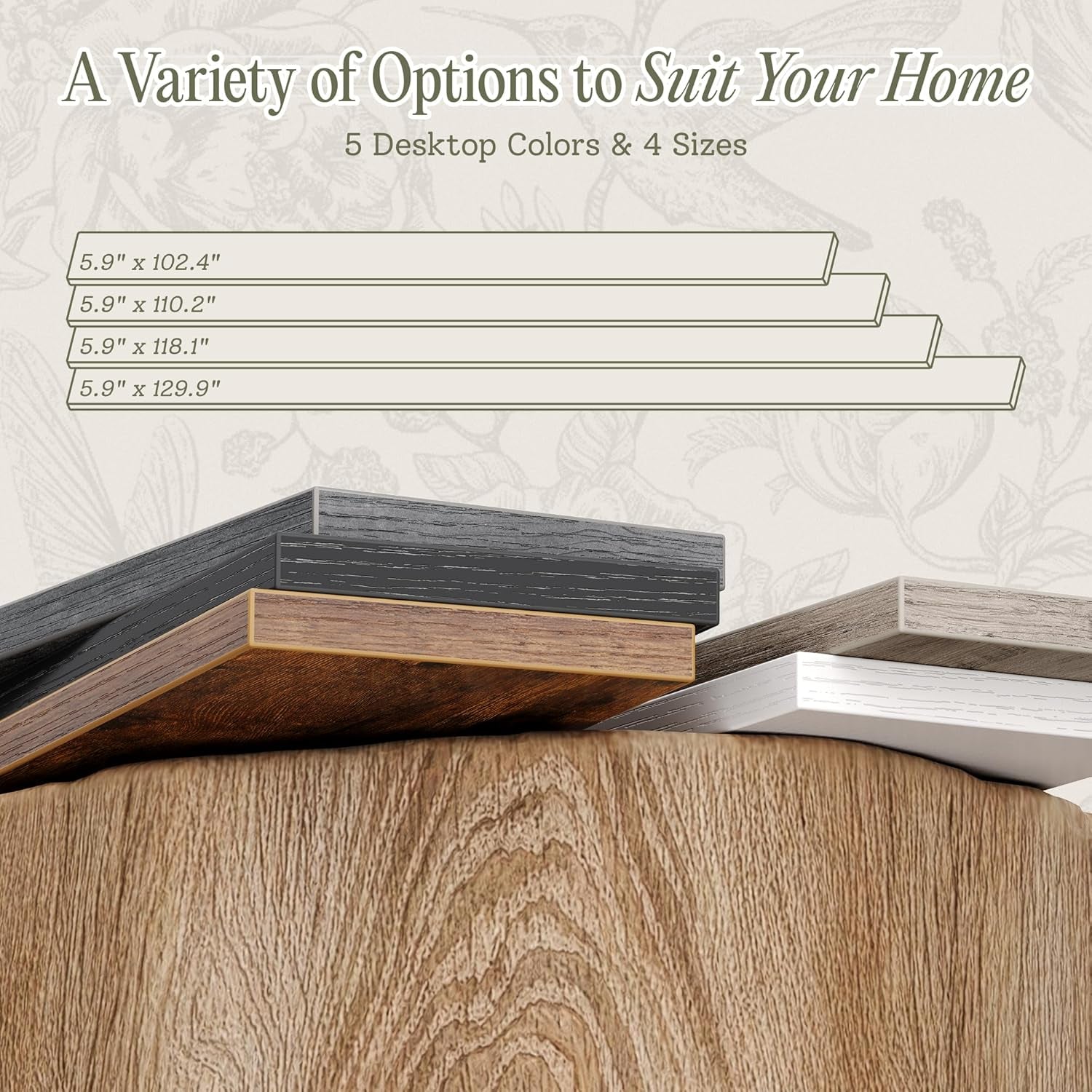 Four desktop planks stacked and fanned to show different wood finishes and edge profiles.