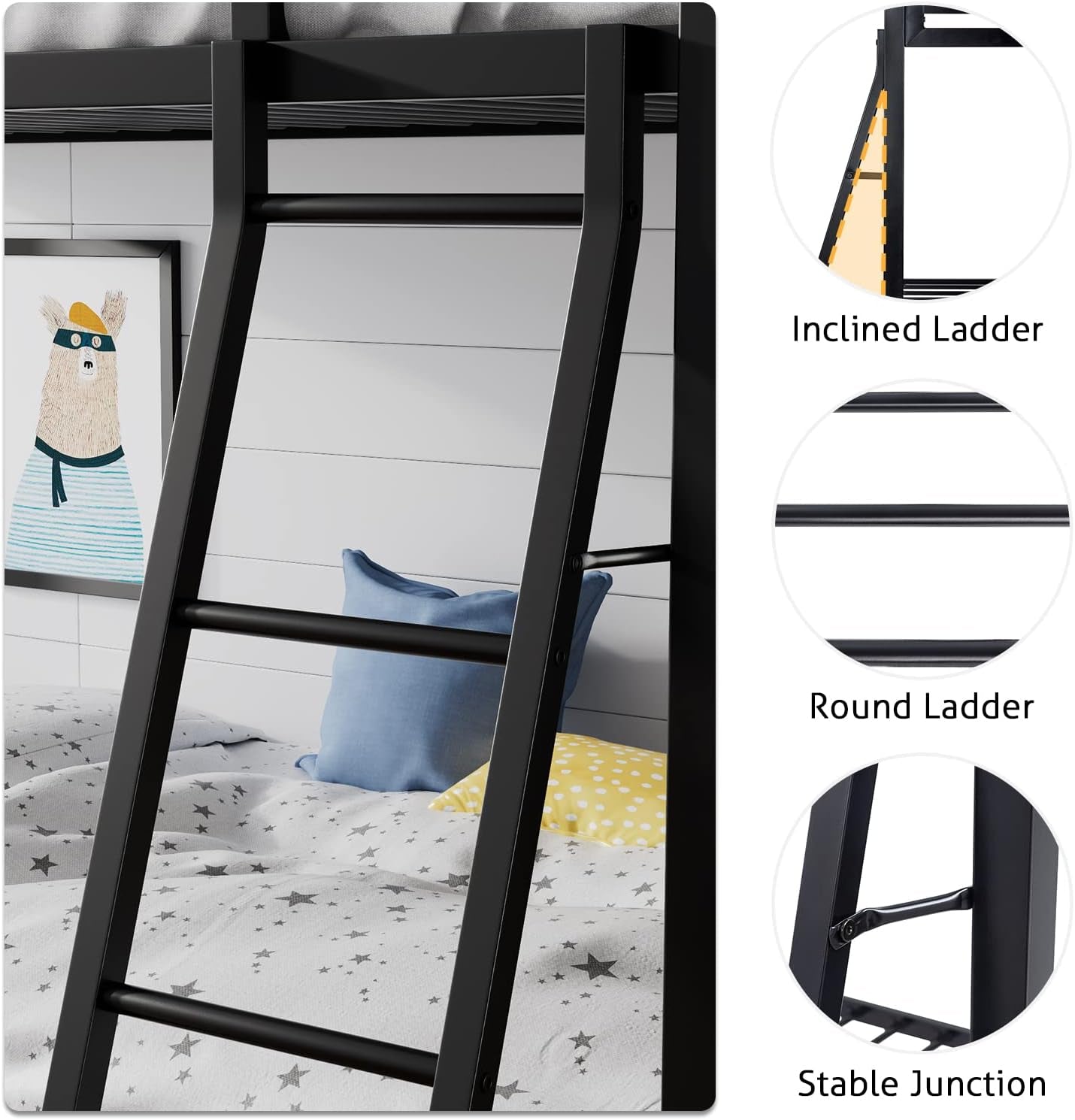 Close-up of a black metal bunk bed ladder leaning against top bunk with three round rungs and inset circular callout images
