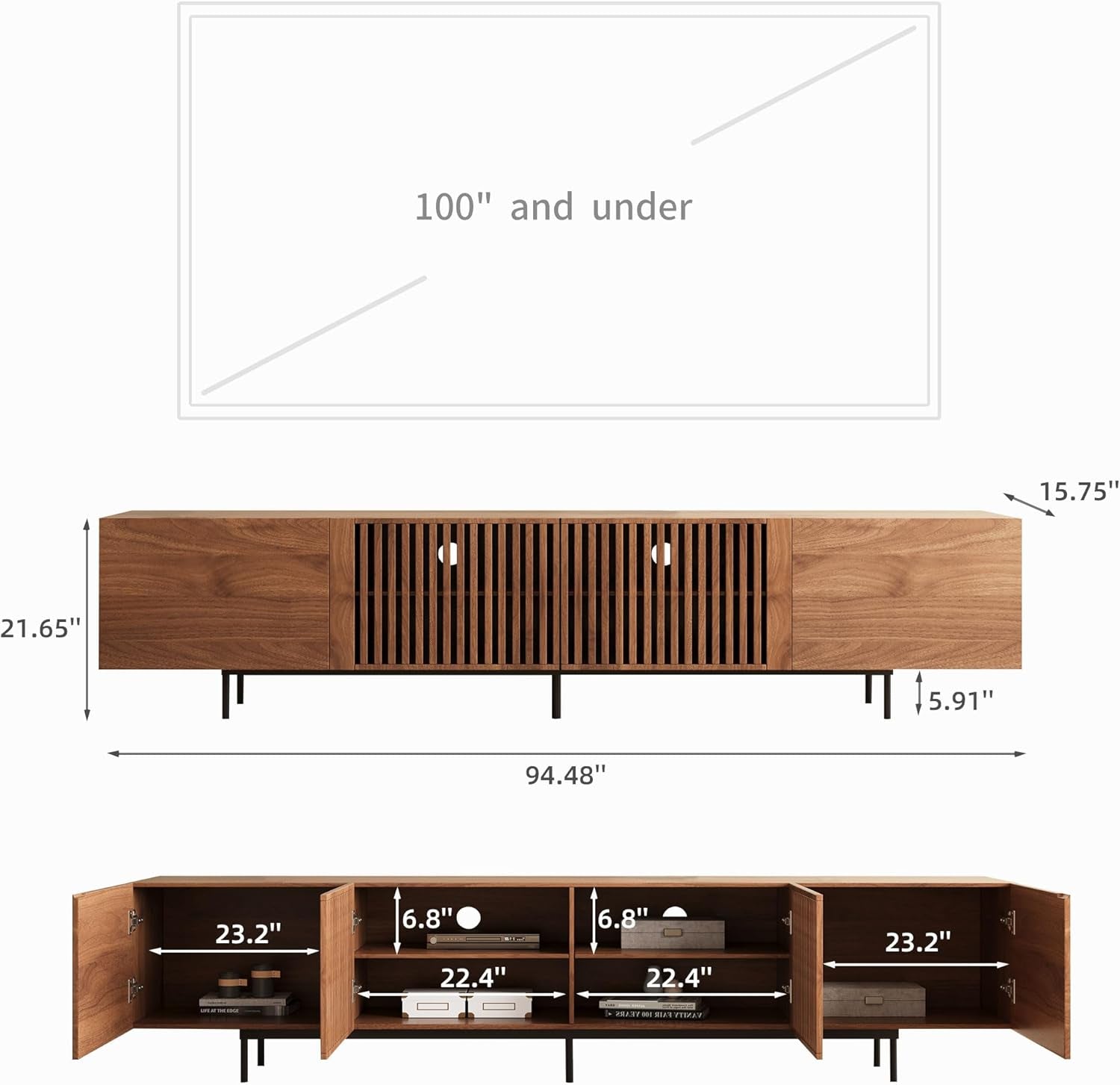 Dimension diagram of the brown TV stand, shown closed above and with four doors open below.