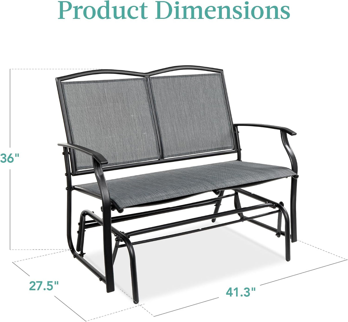 Gray gliding bench with overall dimension labels in a product graphic