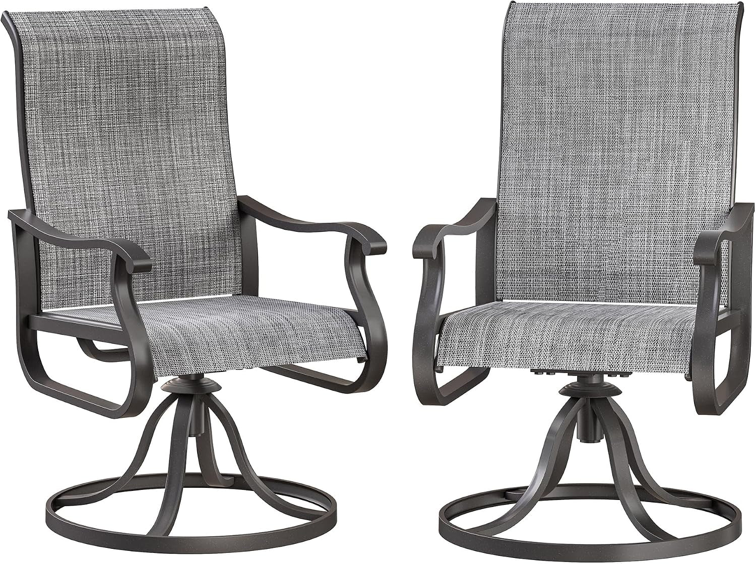 Two swivel outdoor dining chairs side-by-side showing high backs, curved armrests, and circular metal bases