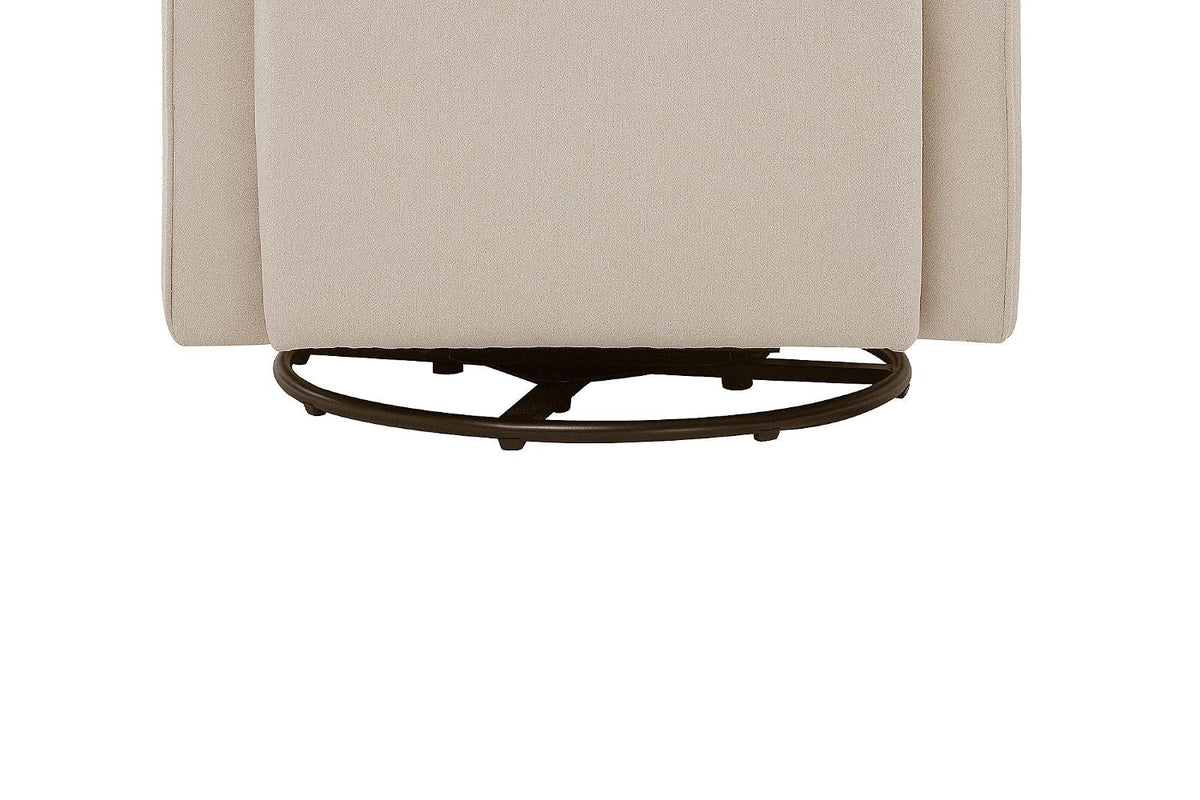 Close-up of the metal circular swivel base beneath the cream glider chair