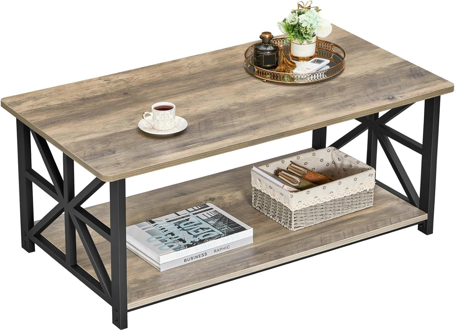 Angled view of rectangular two-tier coffee table with weathered wood top, lower shelf and black X-frame legs.