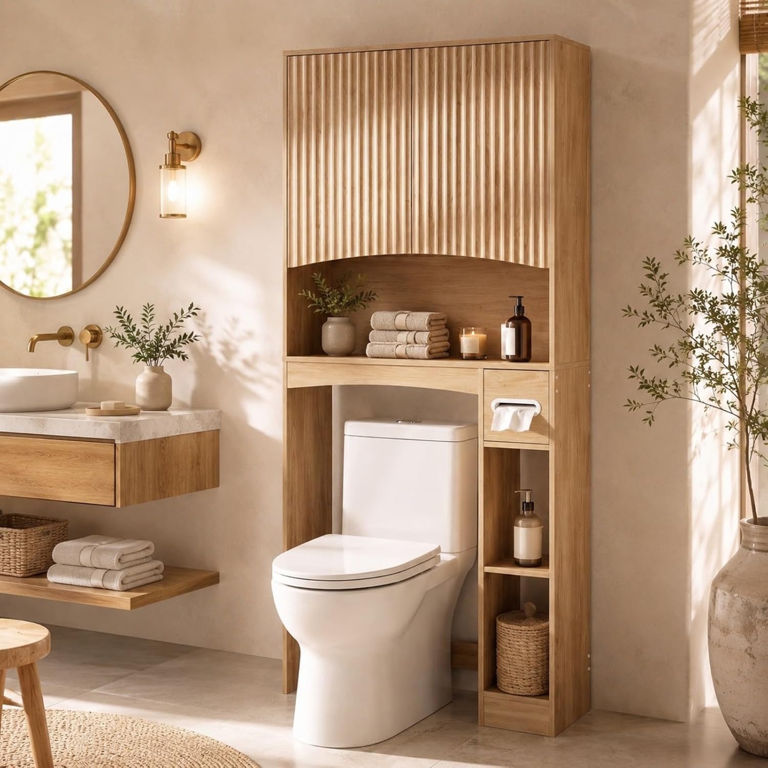 Tall natural wood over-toilet storage with double fluted doors and open shelving next to sink and mirror