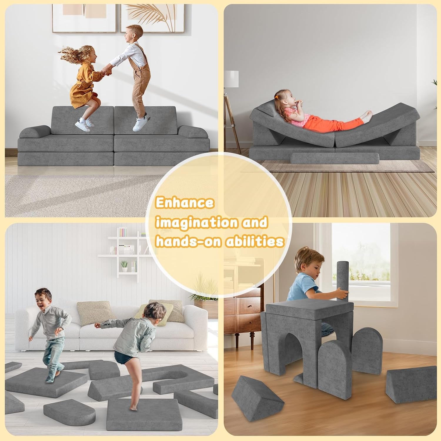 Four-panel collage showing children jumping, lounging, building and arranging gray foam play sofa pieces indoors.