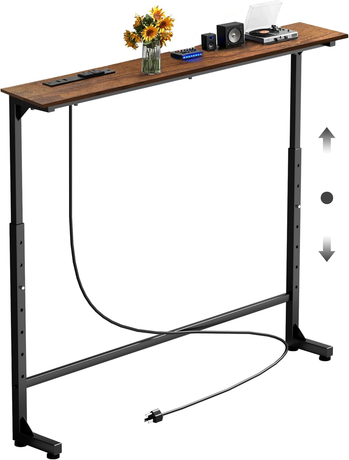 Front view of one brown console table with black perforated legs, an inset power panel and cord.