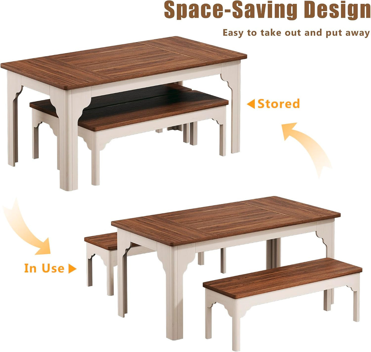 Illustration showing benches tucked under the table and pulled out to demonstrate space-saving design.