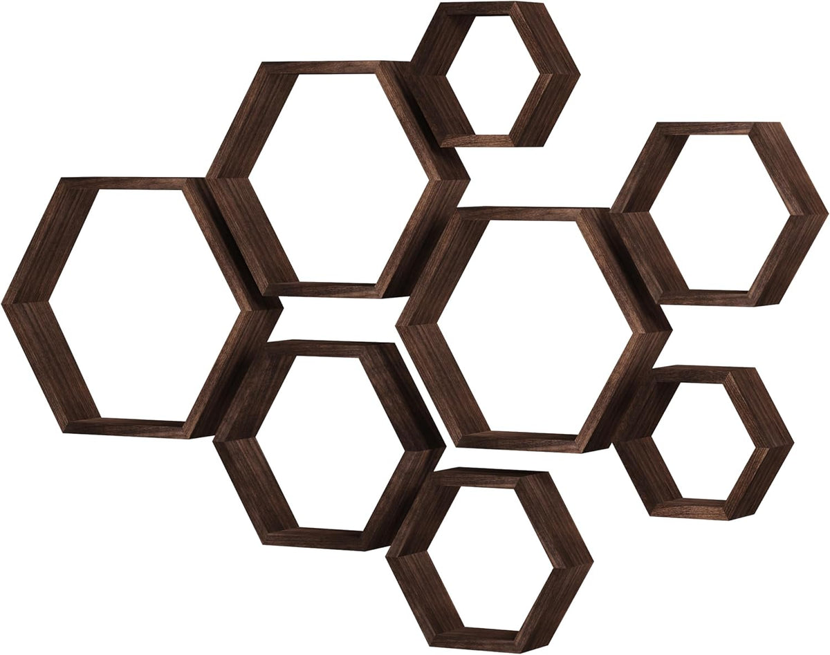 Nine dark brown wood hexagon shelves arranged in an overlapping honeycomb pattern