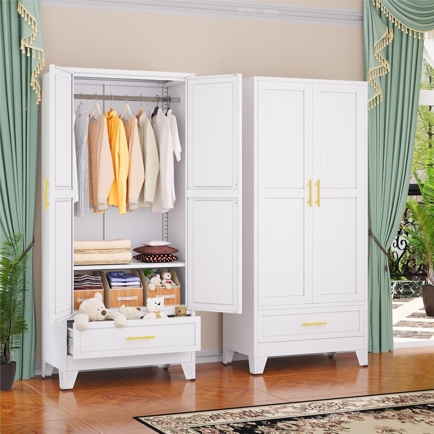 White wardrobe pair with left cabinet open showing hanging clothes, folded linens on shelves and a lower drawer filled with