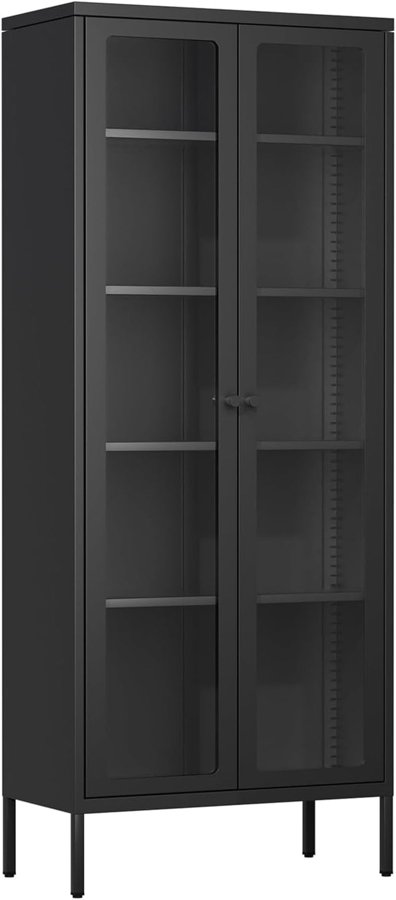 Straight-on studio image of the same cabinet in a matte black finish with glass doors closed