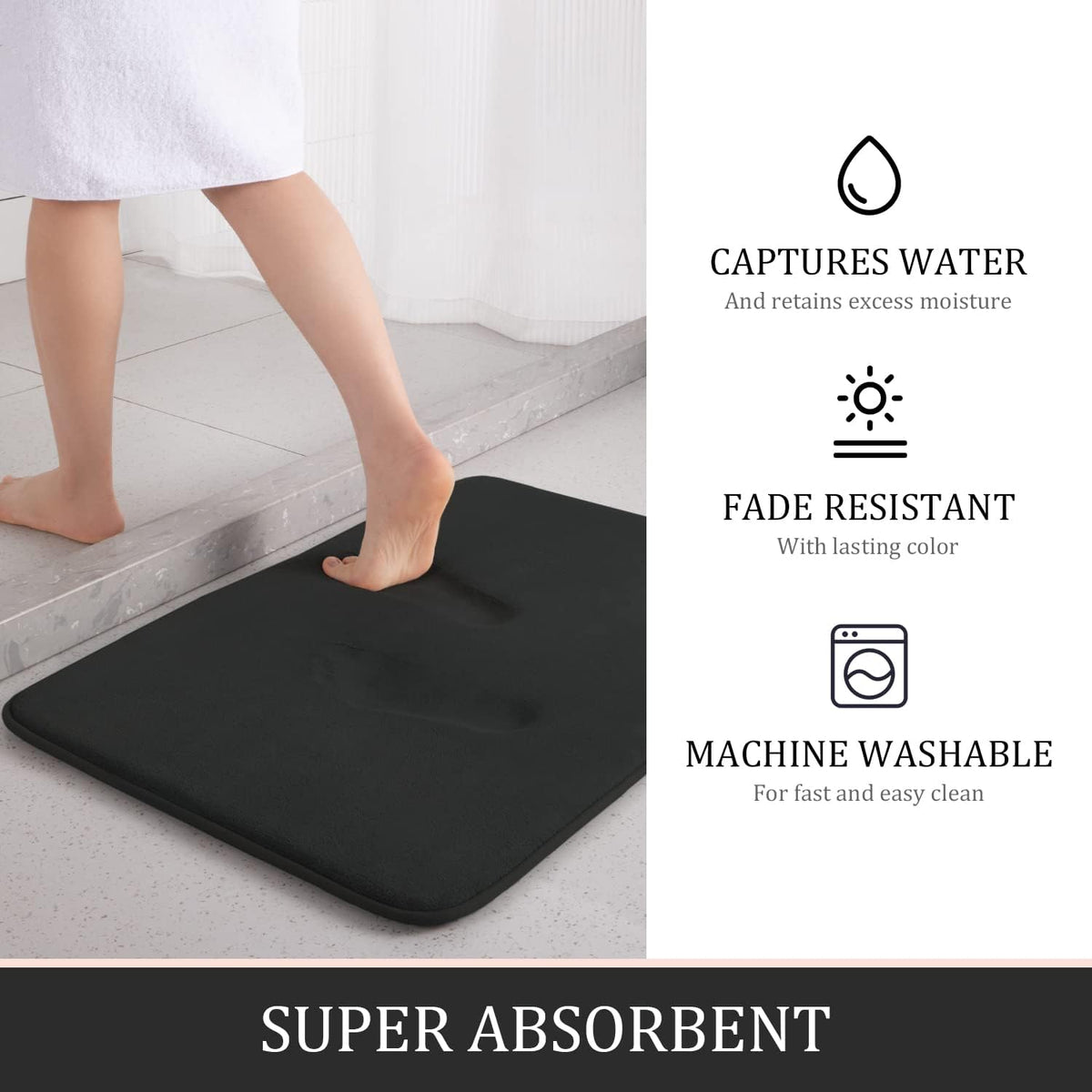 Person stepping from shower onto black bath mat with callouts for water capture and machine wash