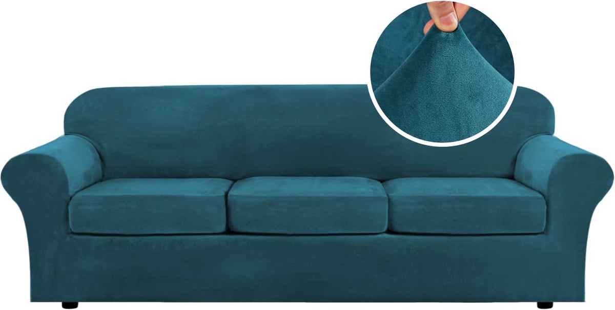 Front view of a rich teal-green three-seat sofa with three separate seat cushions and a fabric pinch inset.