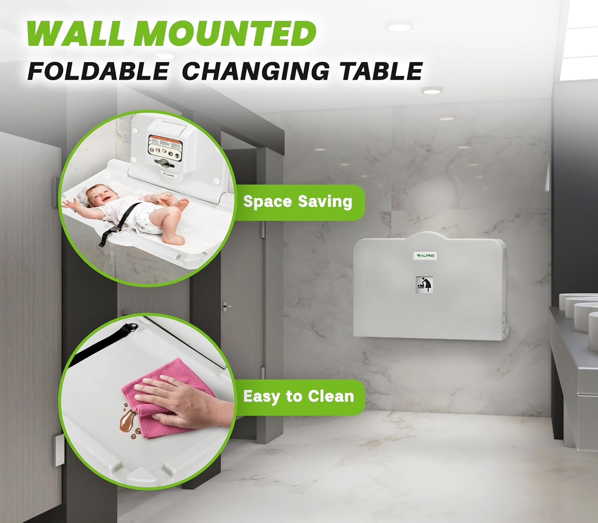 Folded changing table mounted on a restroom wall with circular insets showing a baby on the open table and a hand wiping the