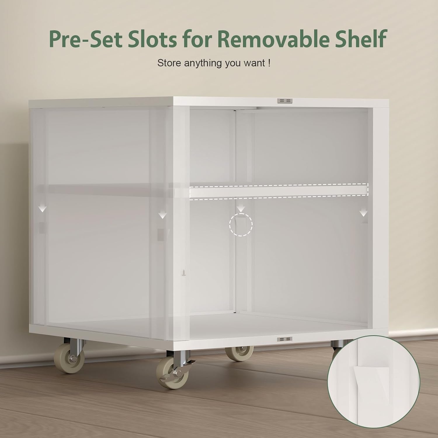 Interior view of cabinet showing pre-set slots and a removable adjustable shelf above the casters