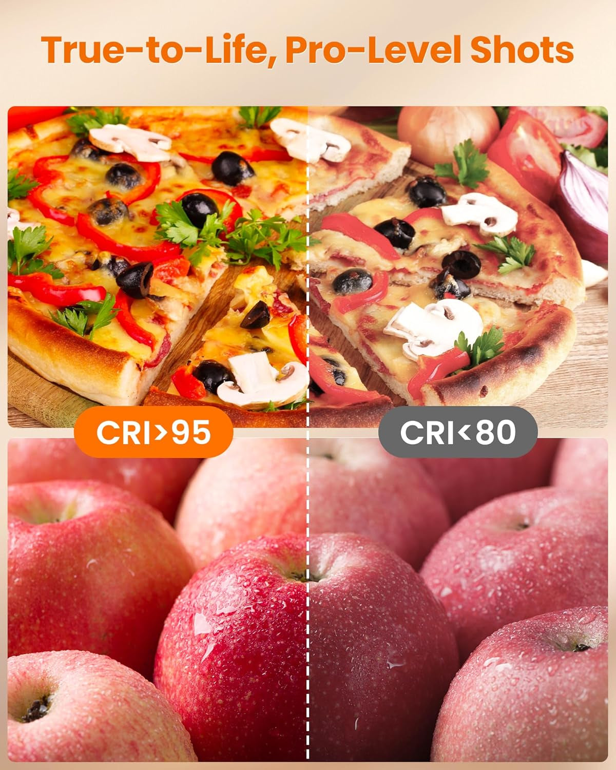 Split comparison of pizza and apples showing vivid colors on the left and duller tones on the right
