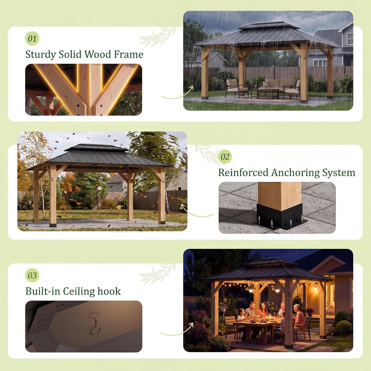 Feature panels showing solid wood posts with anchor plates, built-in ceiling hook, and gazebo in varied weather