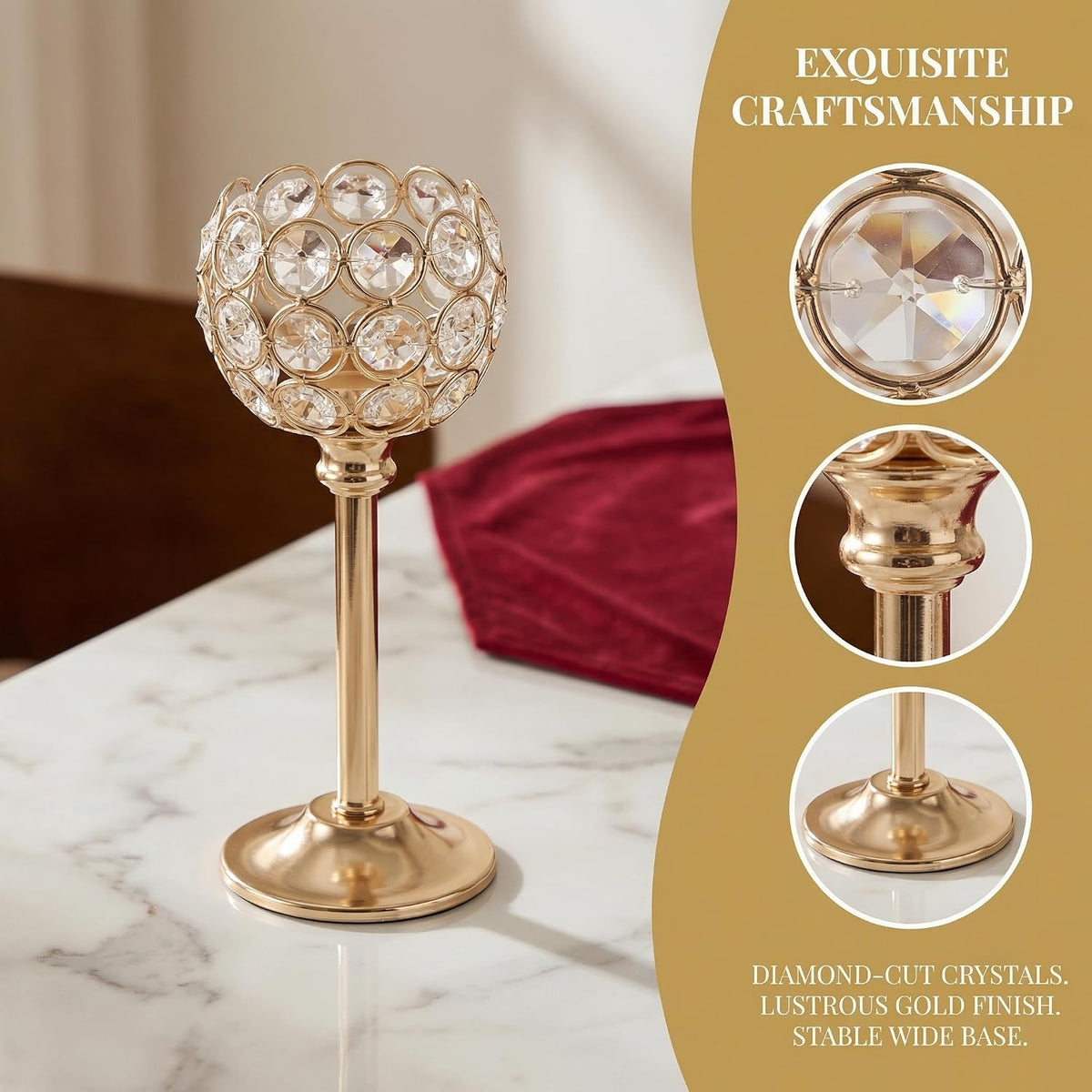 Close-up of a single gold crystal tealight holder on a marble tabletop showing diamond-cut crystals and wide base